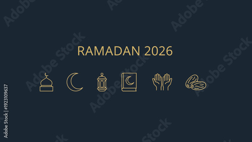 Ramadan 2026 celebration illustration featuring cultural symbols and icons in a dark blue background from a straightforward viewpoint