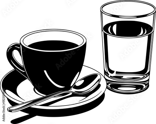 black and white of a coffee cup a saucer with a glass of water and a spoon