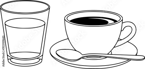 black and white of a coffee cup a saucer with a glass of water and a spoon