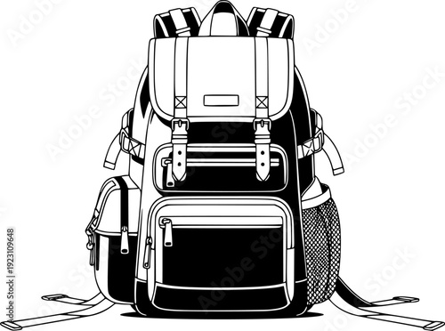 black and white backpack with multiple pockets and straps a white background