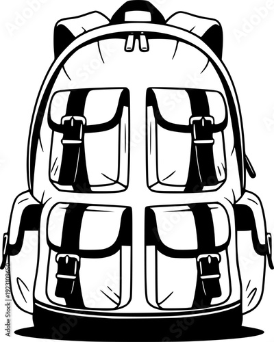 black and white backpack with multiple pockets and straps a white background