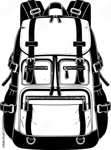 black and white backpack with multiple pockets and straps a white background