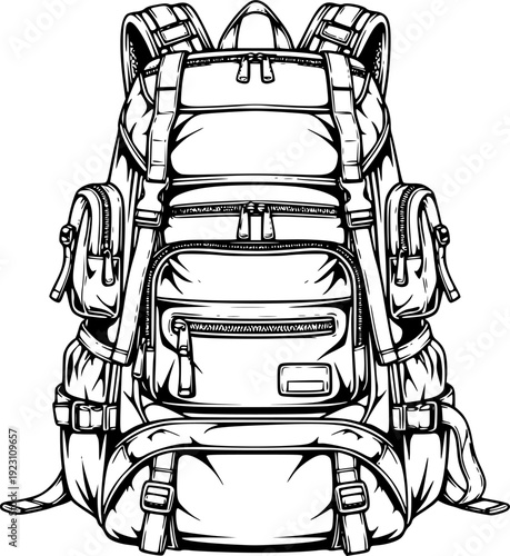 black and white backpack with multiple pockets and straps a white background