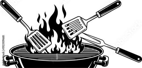 Barbecue time with grill tools and flames spatula fork
