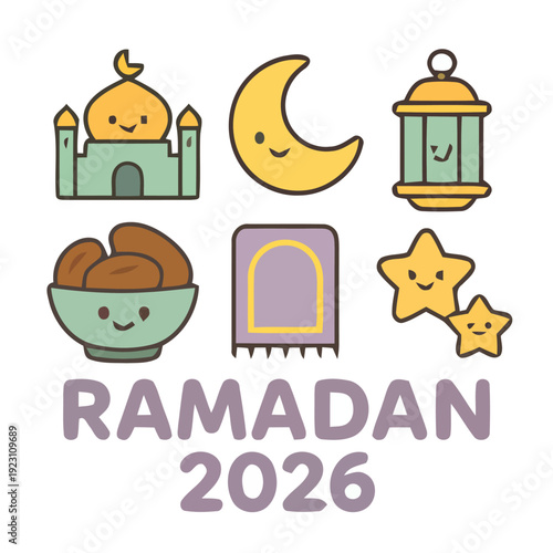 Celebrating Ramadan with Traditional Food and Symbols in a Serene Illustration