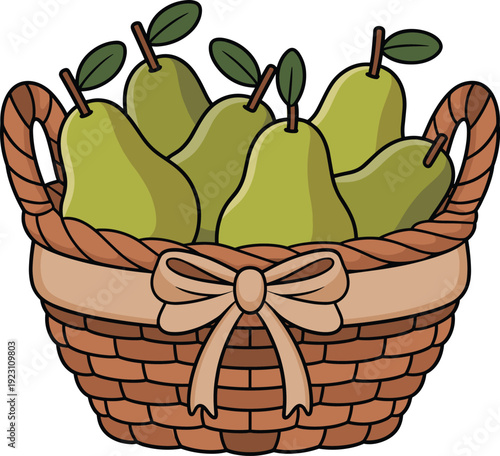 A brown woven basket filled with six green pears and a beige ribbon tied around it
