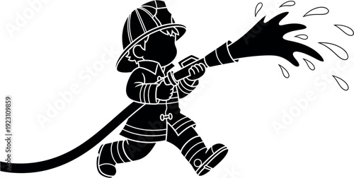 Firefighter in action spraying water from a hose to extinguish flames in emergency situation