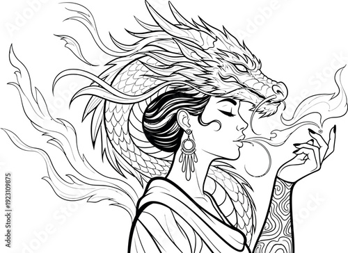 A woman with a dragon emerging from her hair, blowing smoke