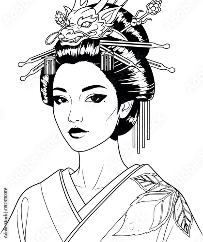 A beautiful geisha woman with traditional japanese hairstyle and makeup