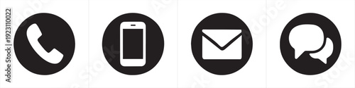 Black Contact Communication Icons Phone Email Chat Mobile Set
