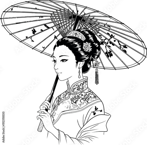 Traditional japanese woman holding an umbrella on a in a kimono