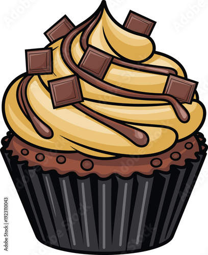Delicious Chocolate Cupcake with Brown Frosting and Chocolate Chunks on dessert