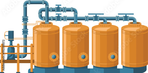 Four large orange cylindrical tanks connected by blue pipes and valves in an industrial water treatment system