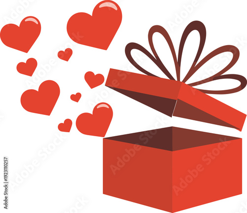 Red gift box with a bow and hearts coming out of it brown