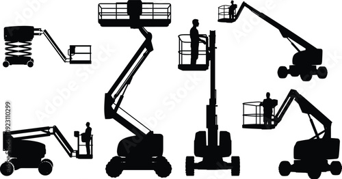 Aerial work platform and boom lift silhouettes set isolated on white background, construction equipment collection with scissor lifts and cherry pickers for industrial design