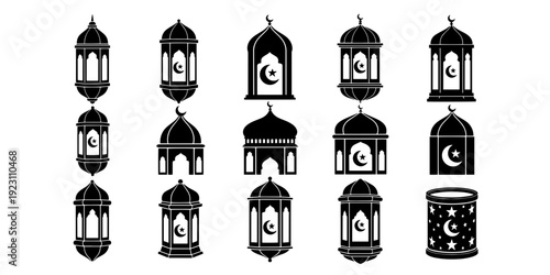 A spiritual and peaceful Silhouette collection of Islamic lanterns and mosque elements in a minimalist vector art style for Ramadan celebrations