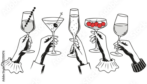 Five hands holding various cocktail glasses with drinks and garnishes on a white background... clean