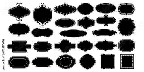 A large collection of versatile elegant minimalist silhouette frames and decorative labels suitable for graphic design, invitations, and vintage-themed projects.