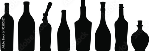 Collection of liquor and wine bottle silhouettes isolated on white background, black alcohol glass containers set for bar, beverage branding and packaging design