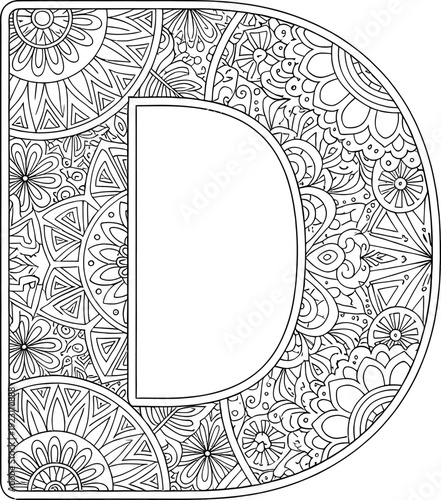 Colorful illustration of letter d with floral patterns and designs for adult coloring book