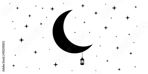 Minimalist Illustration Silhouette of a black crescent moon and stars with a hanging lantern, creating a peaceful and spiritual atmosphere