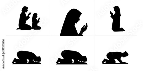 A Collection of Peaceful Minimalist Graphic Silhouette Illustrations Representing Islamic Prayer Devotion and Spirituality