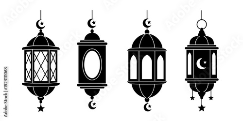 A group of four elegant black Minimalist Silhouette lanterns, creating a Celebratory mood for Islamic festivals and holidays on a white background.