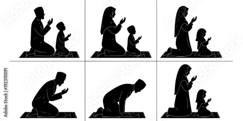 A Devotional Serene Silhouette Graphic Illustration depicting stages of Islamic prayer for family and individuals, symbolizing piety and unity