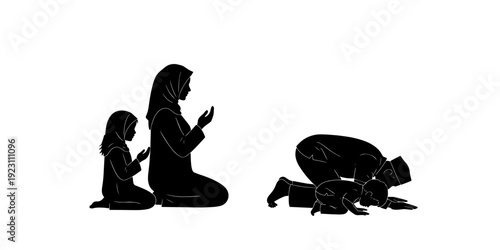 Spiritual Minimalist Silhouette illustration depicting a Muslim family praying together, symbolizing devotion, unity, and a peaceful lifestyle.