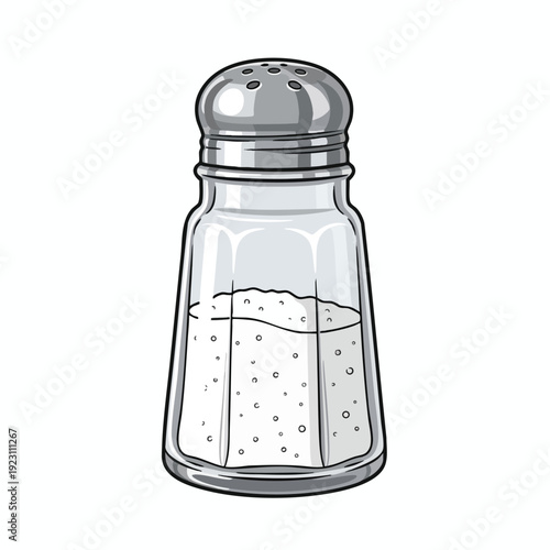 Salt Shaker with Salt Granules on a White Background