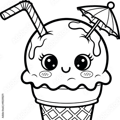 Cute cartoon ice cream cone with smiling face and umbrella