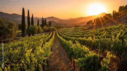 Cinematic Sunset Vineyard in Rolling Countryside