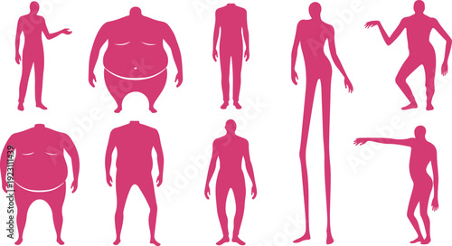 Illustrated collection of human body shapes and postures in various sizes and stances isolated on transparent background
