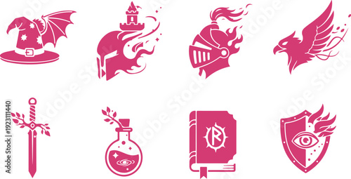 Fantasy and medieval themed icons featuring magical and heroic symbols isolated on transparent background