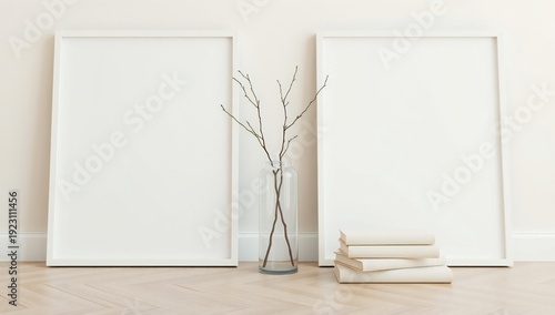 Minimalist interior with blank canvas and branches