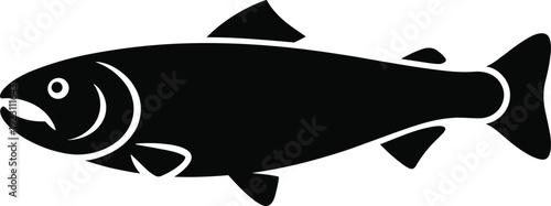 Black and white outline of a fish with a smiling expression and detailed fins