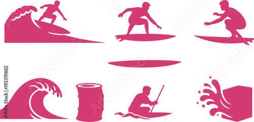 Series of surfing and beach activities illustrated with human figures and ocean elements on transparent background