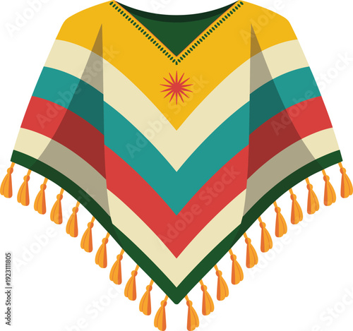 Colorful geometric patterned poncho with yellow tassels and a central sun symbol green
