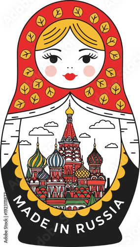Russian Matryoshka Doll with Saint Basil's Cathedral Illustration and Made in Russia Text
