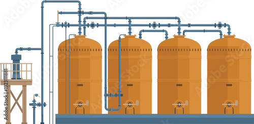 Four large orange industrial filtration tanks connected by blue pipes with a control platform on the left