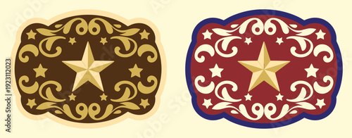 sheriff star badge on a western rodeo belt buckle, featuring a texas five point star with a decorative frame and wild west rank labels for law enforcement.