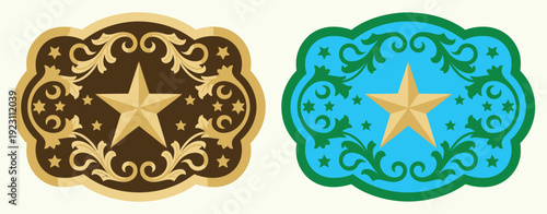 sheriff star badge on a western rodeo belt buckle, featuring a texas five point star with a decorative frame and wild west rank labels for law enforcement.