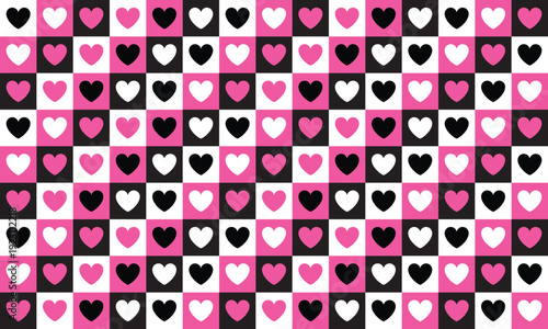 Seamless heart patterned chessboard emo background featuring pink, black, and white checkered squares. Vibrant romantic y2k aesthetic, alt-pop style wallpaper for creative digital design.