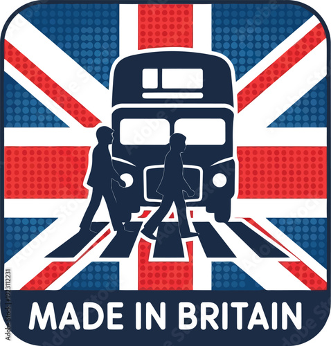 Made in Britain Icon with Union Jack, Double Decker Bus, and Pedestrian Crossing Illustration