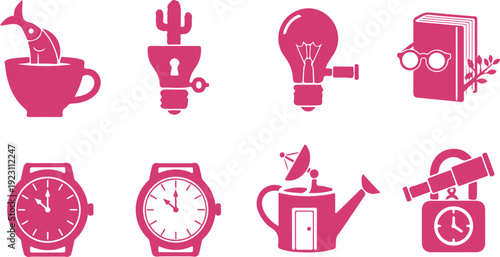 Set of eight colorful flat design icons featuring everyday objects and activities isolated on transparent background