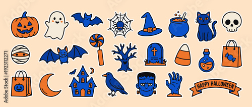 Whimsical Halloween Icon Set: A vibrant and playful collection of Halloween-themed icons, featuring a variety of classic symbols and charming illustrations. 