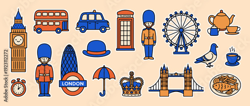 London Icons: A vibrant collection of iconic London symbols, artfully arranged against a muted backdrop, capturing the essence of the city's charm.