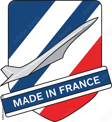 Made in France badge with supersonic jet and French flag colors for aviation and aerospace branding