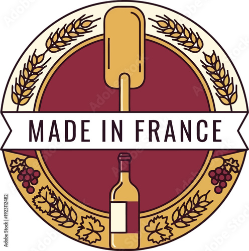 Made in France vintage badge with wine bottle, wheat, grapes, and bakery elements for product branding
