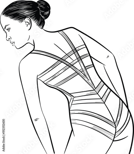 Elegant woman in striped one piece swimsuit line art illustration isolated on white background, stylish female fashion sketch for summer beachwear and design